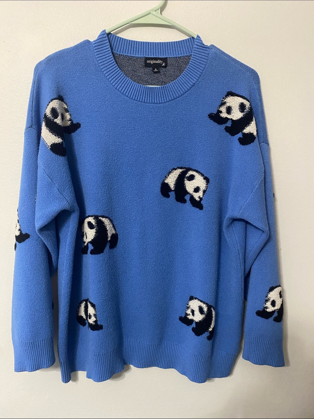Originality Womans Cobalt Blue Panda Bear Crewneck Sweater Size Small